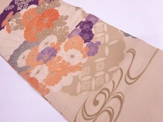 65054 Japanese Kimono / Antique Maru Obi / Embroidery / Stream With Chrysanthem