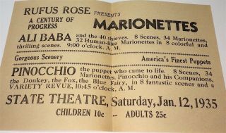 Rare Antique American Entertainment Flyer / Poster Marionettes Pinocchio 1935