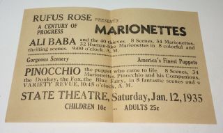 Rare Antique American Entertainment Flyer / Poster Marionettes Pinocchio 1935 2