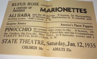 Rare Antique American Entertainment Flyer / Poster Marionettes Pinocchio 1935 3