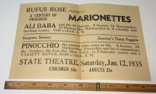 Rare Antique American Entertainment Flyer / Poster Marionettes Pinocchio 1935 4