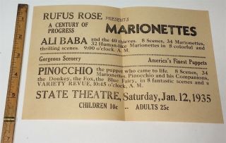 Rare Antique American Entertainment Flyer / Poster Marionettes Pinocchio 1935 5