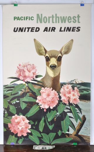 25x40 United Airlines Pacific Northwest Stan Galli Travel Poster Deer