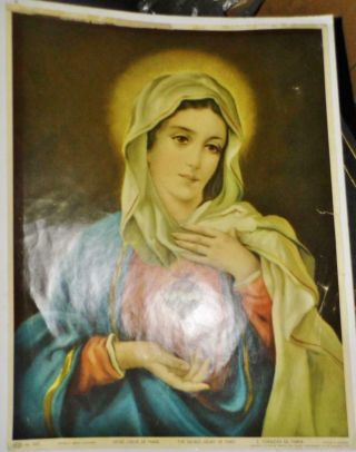 Sacred Immaculate Heart Of Mary 1940s Vintage Irish Catholic Holy Picture 17x13 "