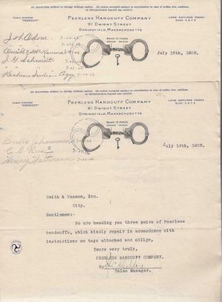 Peerless Handcuff Co.  2 Letters To Smith & Wesson Repair Orders,  Accounts 1926