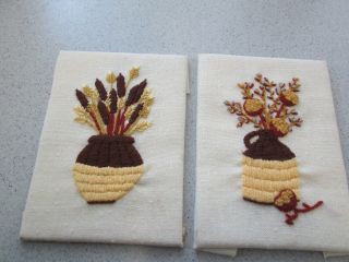 2 Retro Mid Century Crewel Embroidery Floral Jug Crock Cat Tails Sun Flowers