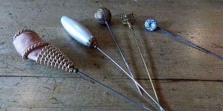 5 Pretty Victorian/Art Deco Hat Pins with Various Lovely Tops 2