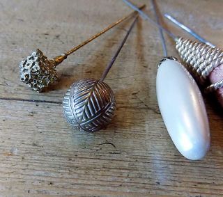 5 Pretty Victorian/Art Deco Hat Pins with Various Lovely Tops 3