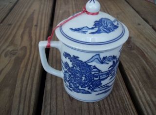 Vintage Jindezhen Zhi Blue White Mug Tea Cup With Lid Teapot Porcelain Pottery