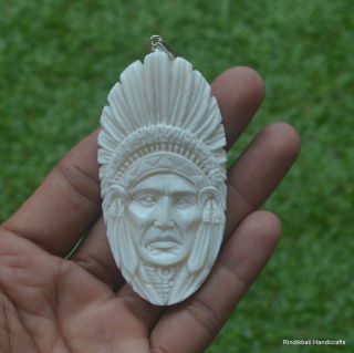 Indian Head Carved 73mm In Buffalo Bone Carving Pendant W/ Silver Dp96