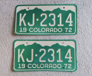 Vintage Pair 1972 Co Colorado License Plates Kj - 2314 Green