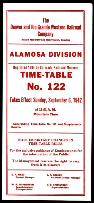 ⫸ 521 Denver & Rio Grande Western Railroad Alamosa 9 - 6 - 1942 Employee Timetable