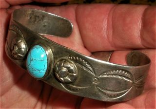 Antique C1930 Navajo Coin Silver Turquoise Bracelet Repousse Design Stamps Vafo
