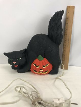 Vtg Handmade Ceramic Halloween Black Arched Cat & Jol Pumpkin Light Figure