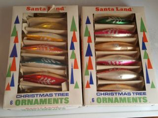 Vintage 12 Santa Land Tear Drop Christmas Ornaments Box Stenciled Glitter Poland