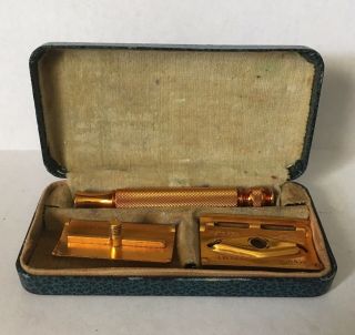 Vintage Gillette Gold Tone Razor With Case 3 Piece Ball End