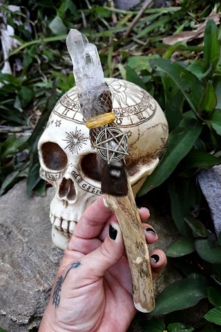 Witch Crafted Wood Snake Skin Feather Pentagram Crystal Magick Witch Wand