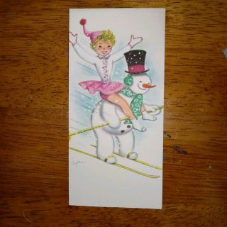 Vintage Rust Craft Marjorie Cooper Girl And Skiing Snowman Card 1940 