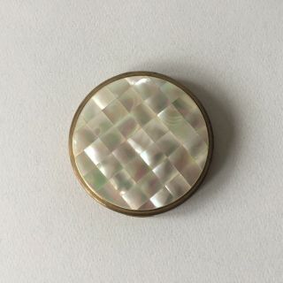 Vintage Mother Of Pearl Gold Metal Round Powder Compact Made In Great Britain