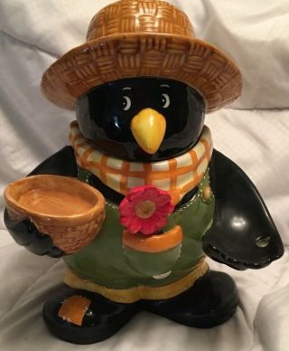Cracker Barrel Crow Scarecrow Farmer Cookie Jar W/ Flower Knife