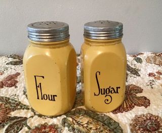 Vintage Yellow Shaker Top Jars - Flour - Sugar - Painted Glass - 5 Inches Tall