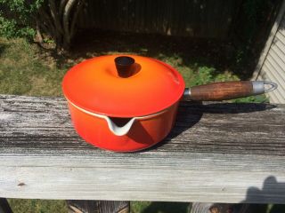 Vntg Le Creuset Flame Orange Enamel Cast Iron 18 2 Qt.  Sauce Pan W/ Wood Handle
