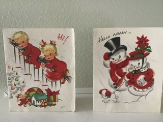 Vintage Christmas Holiday Greeting Cards Snowmen,  Children Sliding On Bannister