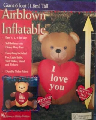 Gemmy Air Blown Inflatable Giant 6 Ft Tall Valentine “i Love You” Teddy Bear.