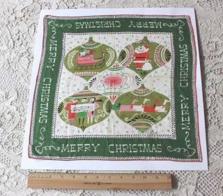 Vintage Cotton Merry Christmas & Holiday Ornaments Handkerchief C1950