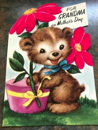 Bear Cub Planting Flocked Pink Flower Cooper Diecut Vtg Card 1951 Mother 
