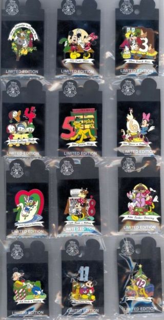 Disney Disneyland 12 Days Of Christmas Minnie Mickey Donald Goofy Pluto Pin Set