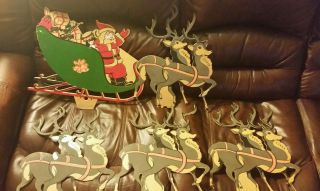 Vtg Union Products Hard Plastic Santa & 8 Reindeer Outside Could Be Lighted.