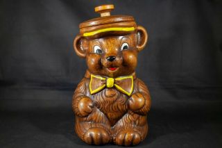 Vintage Treasure Craft Teddy Bear Cookie Jar Wood Handle Near Look