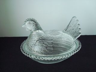 Vintage Indiana Glass Co.  Clear Glass Chicken Or Hen On Nest Bowl Candy Dish