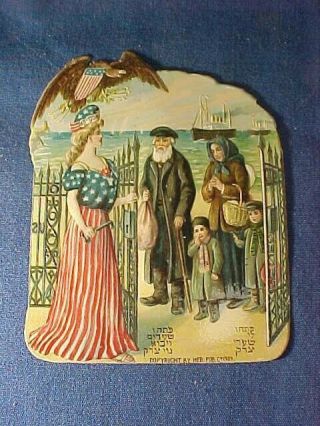 1909 Judaica Diecut Litho Card W Lady Liberty Welcoming Jewish Immigrants