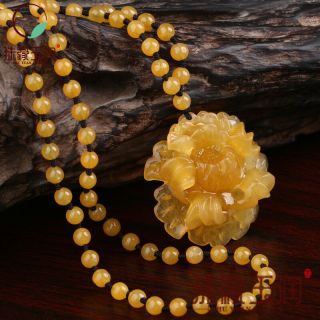 Natural Colour Jade Pendant Jadeite Carven Peony Amulet With Mala Bead Necklace