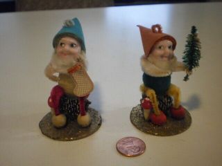 2 Vtg Chenille Pine Cone Christmas Pixie Elf Dwarf Gnome Felt Spun Cotton Putz