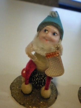 2 Vtg Chenille Pine Cone Christmas Pixie Elf Dwarf Gnome Felt Spun Cotton Putz 2