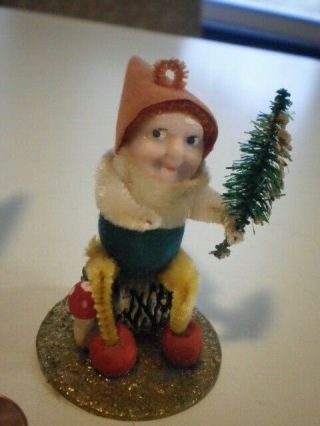 2 Vtg Chenille Pine Cone Christmas Pixie Elf Dwarf Gnome Felt Spun Cotton Putz 3