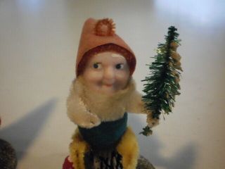 2 Vtg Chenille Pine Cone Christmas Pixie Elf Dwarf Gnome Felt Spun Cotton Putz 5