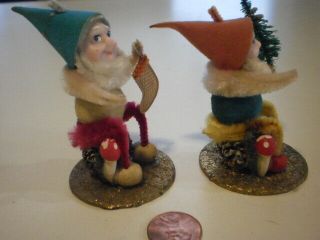 2 Vtg Chenille Pine Cone Christmas Pixie Elf Dwarf Gnome Felt Spun Cotton Putz 8