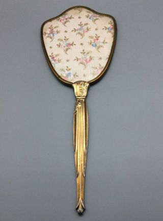 Vintage Brass / Gold Colored Hand Held Vanity Mirror Floral Pattern Design
