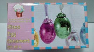 Vintage Set Of 6 Crackle Finish Metal Iridescent Glass Easter Egg Ornaments Deco