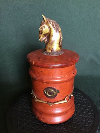 Antique Leather Covered Tobacco Cigar Humidor With Horse On Lid.  Rare