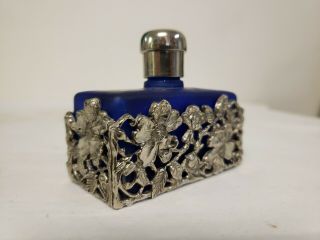Vintage Cobalt Blue Glass Perfume Bottle With Silver Filigree Overlay & Stopper