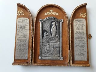 Antique Vintage Christian French Holy Memorial Icona Notre Dame De Lourdes Mary