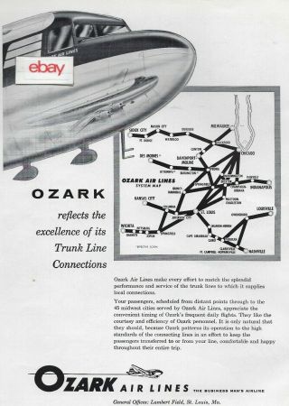 Ozark Air Lines 1956 Douglas Dc - 3 Reflects Trunk Line Connections Route Map Ad