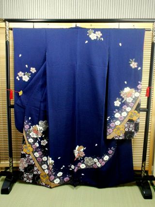 Japanese Kimono Silk " Furisode " Long Sleeves,  Sakura,  Shibori,  Gold Leaf,  L 63 ".  723