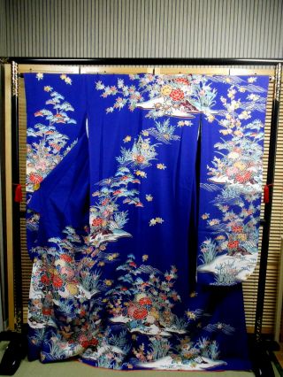 Japanese Kimono Silk " Furisode " Long Sleeves,  Scenery Of Waterside,  L 66 ".  773