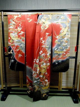 Japanese Kimono Silk " Furisode " Long Sleeves,  Red,  Gold Leaf & Thread,  L 62 ".  692